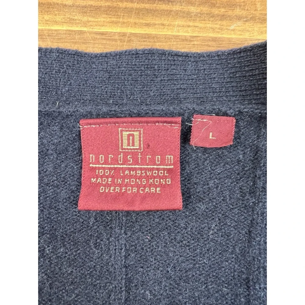 VTG Nordstrom L Lambswool Button Up Cardigan Sweater Navy Grandpacore Damage